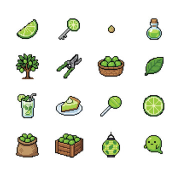 Collection of pixel art icons featuring limes and related items, perfect for digital design and gaming assets