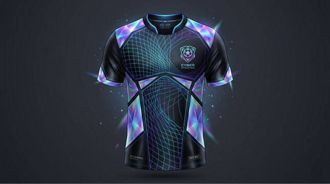 Glowing esports jersey, neon gaming shirt, futuristic sportswear, black polo