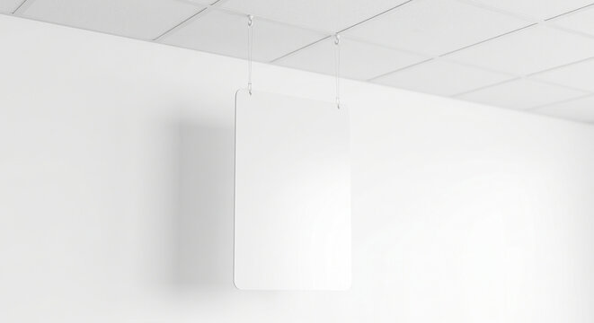 Blank sign hanging in a white room with a ceiling and no visible furniture or decor