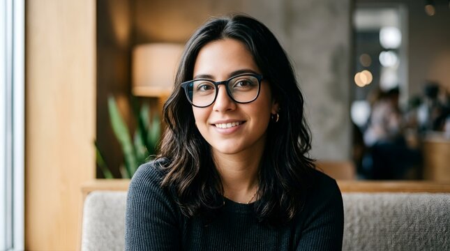 Smiling young woman with glasses in a modern cafe, looking at camera, natural light