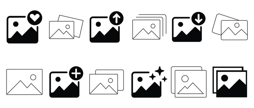 Gallery icon. photo gallery sign and symbol. Collection of black and white photo icon set on a plain white background for design and digital use. download upload enhance like image, UI element symbol.