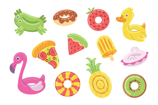 Inflatable pool floats. Summer beach toys. Vector flat cartoon style colorful swimming rings and pool accessories set. Flamingo float, yellow duck, green frog, pizza slice, watermelon, donut. 