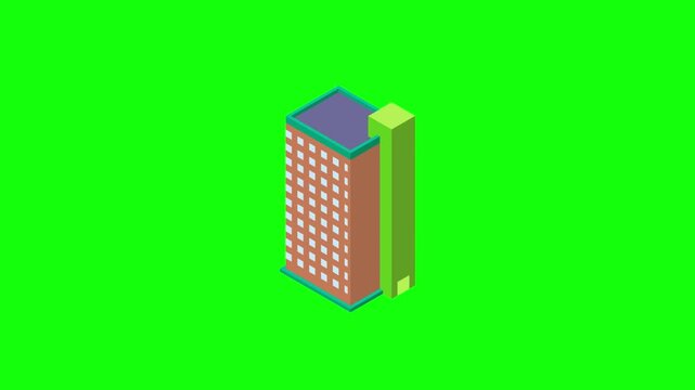 Isometric voxel skyscraper with terracotta facade, white window grid, and cyan roof trim. Isolated on vivid green screen, seamless looping animation, crisp game art style.