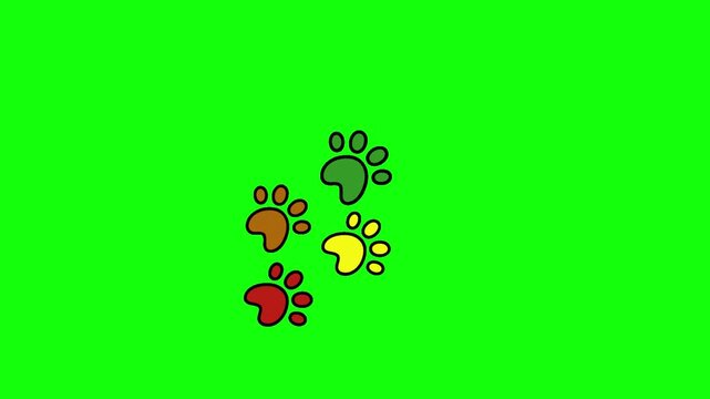 Colorful cartoon paw prints in rainbow hues popping up sequentially in walking pattern across frame.  Isolated on vivid green screen, seamless looping trail animation.
