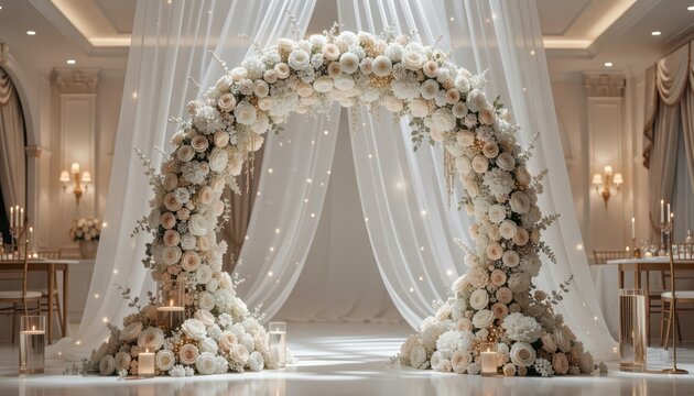 Floral Wedding Arch Decorated with Roses and Candles Isolated on Transparent Background