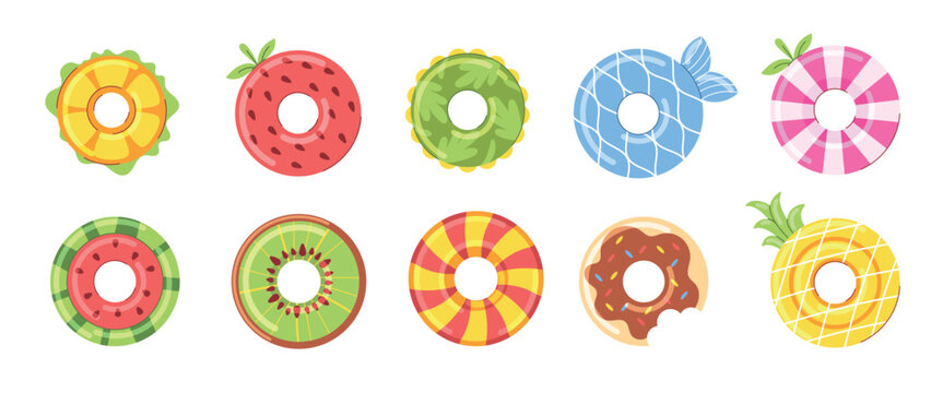 Inflatable swimming rings. Summer beach floats. Vector flat cartoon style colorful pool lifebuoy and kid sea rings isolated icon set on white background. Striped ring, fruit shapes, pool accessories.