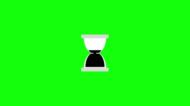 Minimalist hourglass icon with white frame and black sand streaming continuously from top to bottom. Isolated on vivid green screen, crisp flat vector style, seamless infinite loop.


