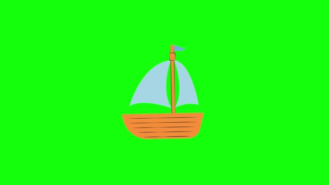 Cute orange sailboat with light blue billowing sails and tiny waving blue flag, gently rocking up and down on invisible waves.  Isolated on bright green screen, seamless looping animation, flat.