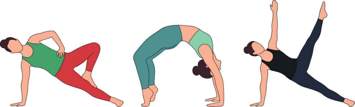 Yoga vector set with woman character icons performing side plank and wheel pose isolated on white background