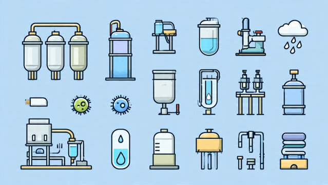 Collection of water filters and purification devices in blue and gray colors with various shapes