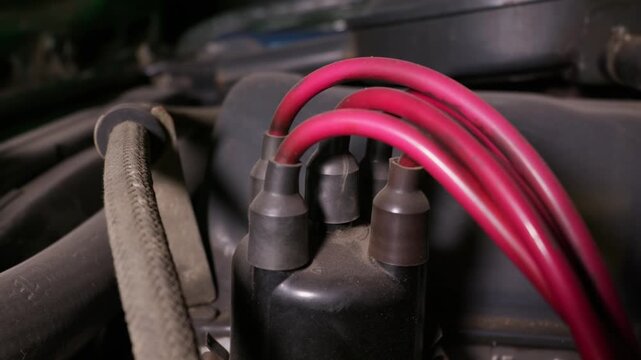 Bright red ignition wires connect to a black distributor cap inside a dusty car engine bay. Concept of automotive repair, vehicle maintenance, and classic combustion engine performance.