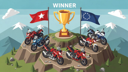 Competitive motorcycle racing scene with red and black bikes, flags, and trophy on mountain background © Fitrotul