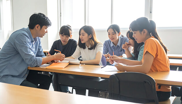 Diverse group of young students collaborating on a project at a wooden table in a bright classroom setting, discussing ideas and learning together
