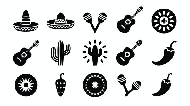 Cinco de mayo icon pack sombreros guitars cacti and fiesta elements for party decorations and celebrations