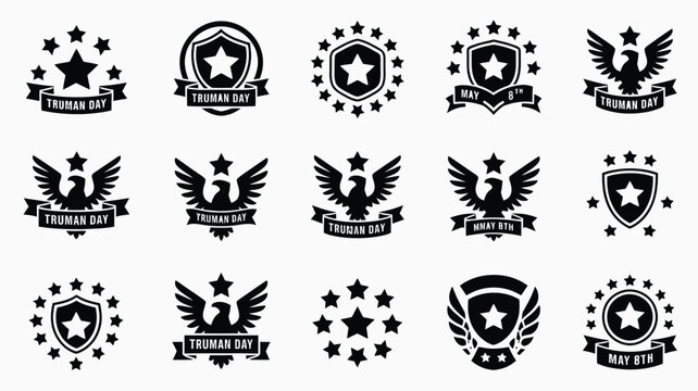 Collection of 15 bold black vector silhouettes featuring stars eagles shields and banners on a white background for truman day may 8th
