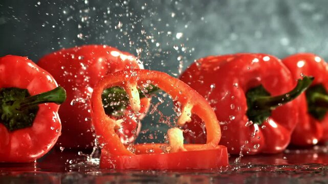 Closeup pepper stem with water, intense macro focus on texture Filmed on a high-speed camera at 1000 fps.
