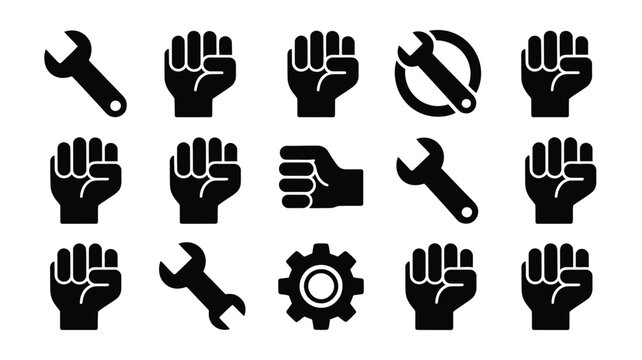 Collection of minimalist black icons representing labor and industry featuring clenched fists symbolizing strength and solidarity alongside wrenches and gears signifying