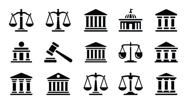 Collection of 15 justice themed silhouettes including scales courthouses and gavel icons for law and legal concepts