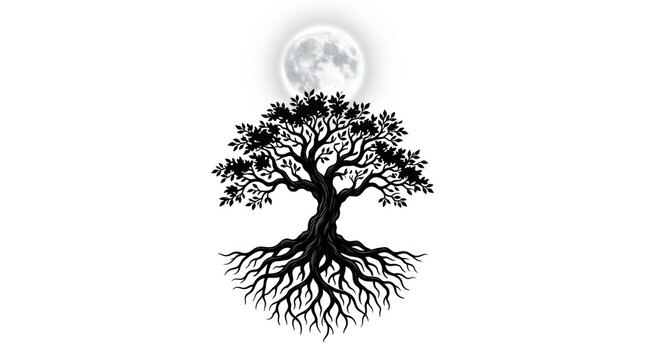 Mystical tree of life silhouette with full moon, spiritual oak tree with deep roots on white background, black and white nature art for meditation
