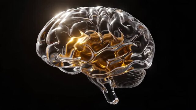 Transparent glass human brain with glowing golden neural pathways futuristic neuroscience concept artificial intelligence cognitive technology digital mind innovation isolated on black background