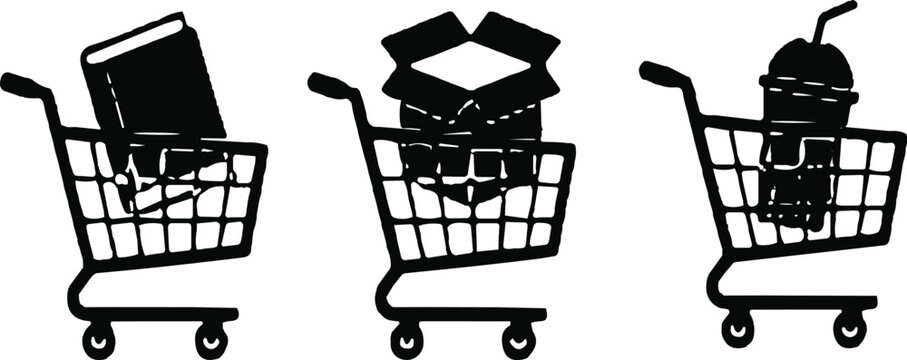 Three black outline shopping cart icons containing a package, an open box, and a fast food drink, white background design.