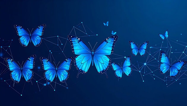 Group of blue digital butterflies in pixelated style, flying against a dark blue technological network background, abstract data stream