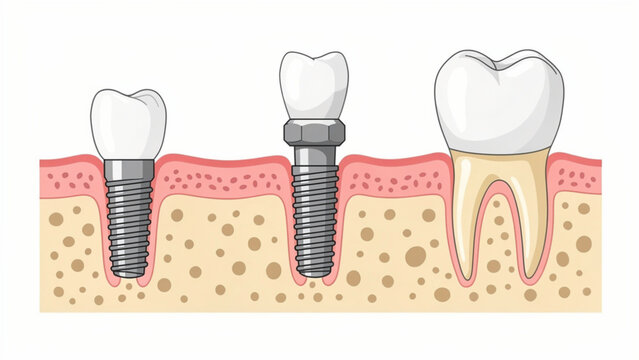 Illustration of dental implants and natural tooth on gum tissue in dental care concept