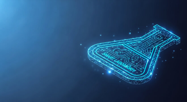 A glowing digital flask with intricate circuitry patterns, symbolizing a smart laboratory or futuristic research environment.