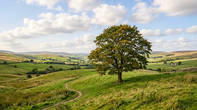 Solitary tree on rolling green hills with winding path and cloudy sky