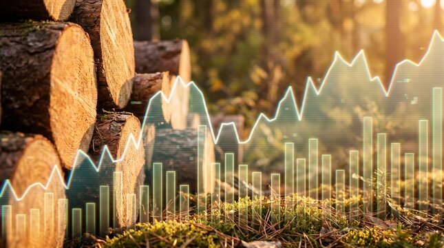 Wood logging market price graph. Financial chart over stacked pine logs in forest at sunset. Forestry business profits and timber export concept.