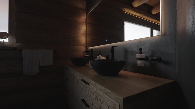 Luxurious bathroom design combining rustic wood walls and modern black matte fixtures with warm lighting