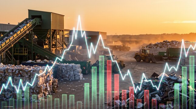 Recycling plant facility yard at sunset with industrial machinery and financial growth graphs. Waste processing corporate business, scrap metal commodity market and clean ecology stocks