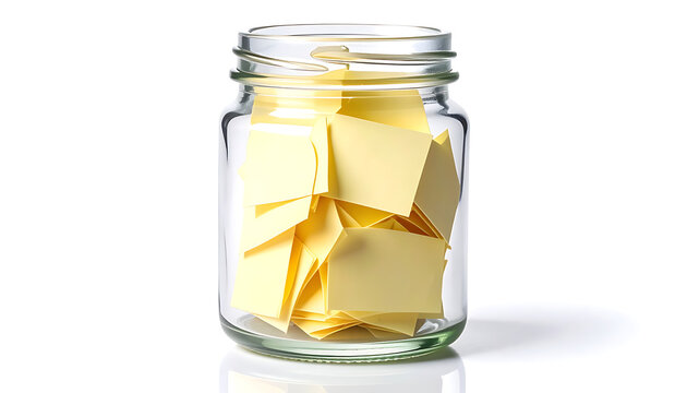 Glass jar filled with yellow paper notes, idea storage, memory keeping, creative planning, or message collection