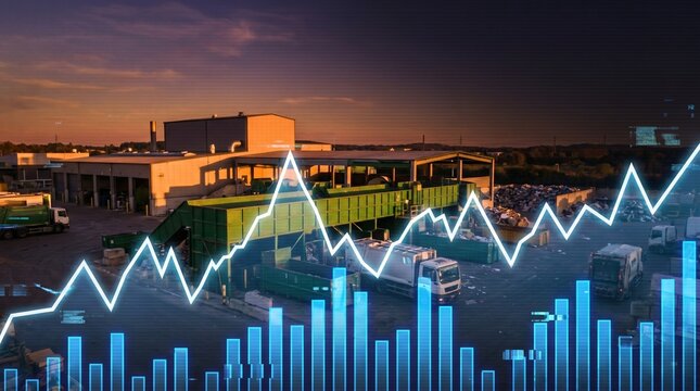 Waste management recycling facility station at twilight with trucks and financial charts overlay. Sustainable green business investment, circular economy and industrial growth data