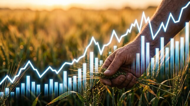 Farmer hand holding green wheat ear with glowing business growth graph. Smart farming analytics, crop yield estimation and agricultural market success.