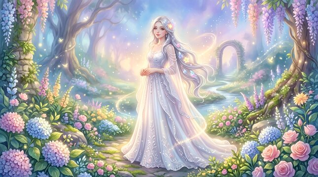 Enchanting Woman in White Dress in Magical Garden