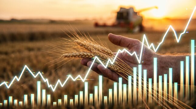 Close up of farmer hand holding wheat with combine harvester and chart. Agribusiness market analysis, dynamic grain pricing and smart harvest monitoring.