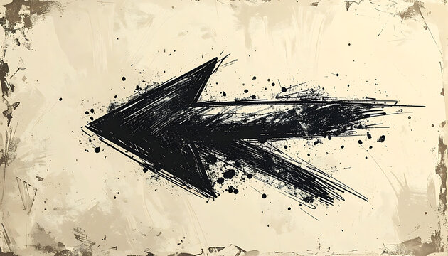 Grunge black arrow pointing left on distressed parchment paper texture with pixelation effect and rough edges, retro design element