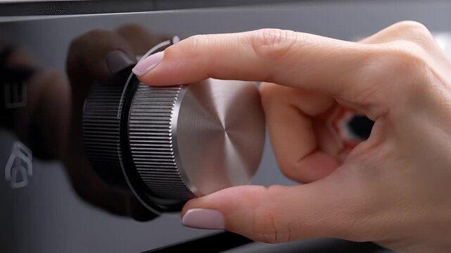 Close up of a persons hand turning a dial on an appliance.