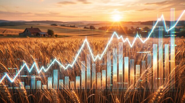 Agriculture industry investment and global food market graph. Financial chart over golden wheat field with farmhouse at sunset. Farming revenue concept.
