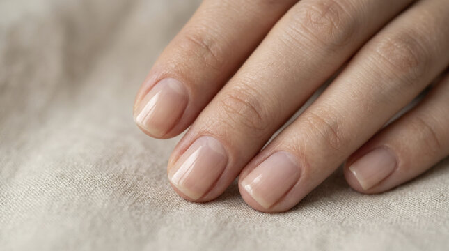 Detailed close-up of healthy natural nails and cuticles on a soft linen fabric background.