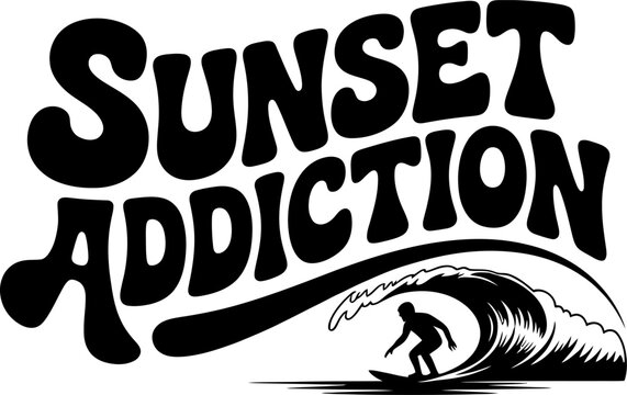 Surfer riding a large ocean wave is depicted in a stylized black and white graphic design that captures the intense passion for coastal water sports and the adventurous spirit of summer lifestyle.