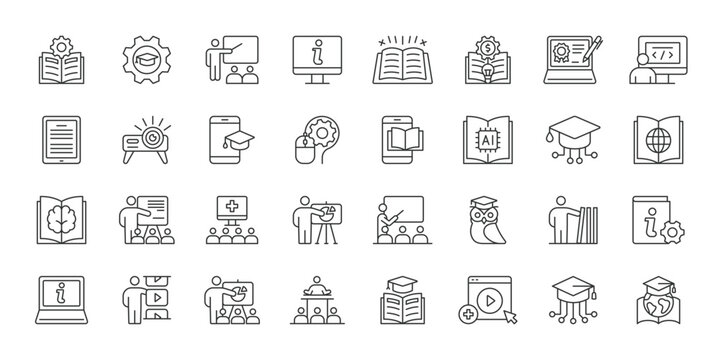 E Learning icons in line design. elearning, education, online, learning, webinar, course, student on white background vector. E Learning editable stroke icon