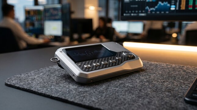 Rugged handheld device with carbon fiber panel on desk in modern tech office