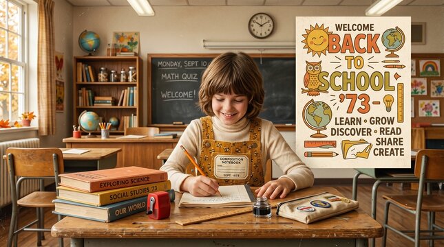 Vintage 1973 Back to School Classroom Scene with Happy Student Writing at Desk