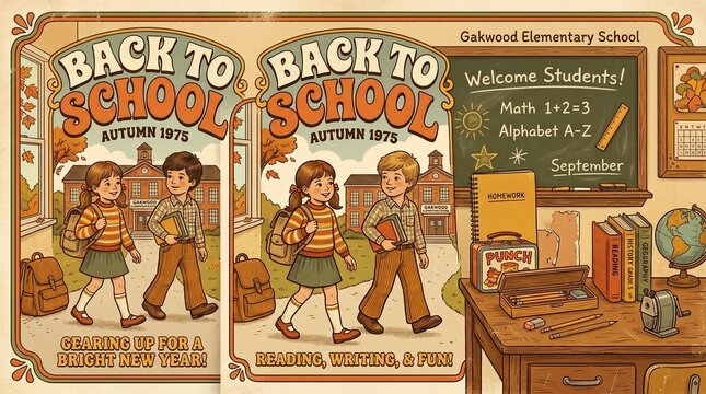 Retro Back to School Poster Illustration with Happy Kids and Vintage Classroom Autumn 1975