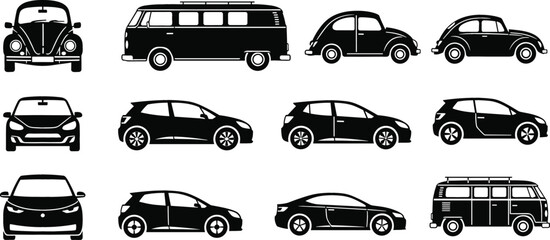 Classic Car and Camper Van Silhouette Icon Set Featuring Modern Hatchback and Sedan Models for Automotive Designs © Md shain