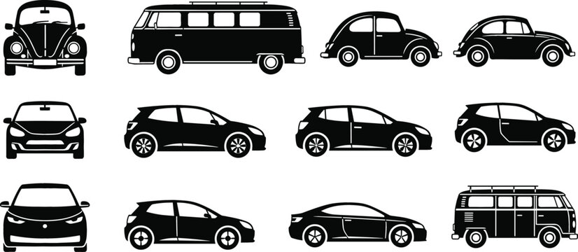 Classic Car and Camper Van Silhouette Icon Set Featuring Modern Hatchback and Sedan Models for Automotive Designs