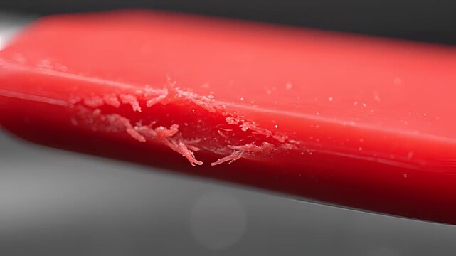 Close up of damaged red plastic edge with frayed fibers.
