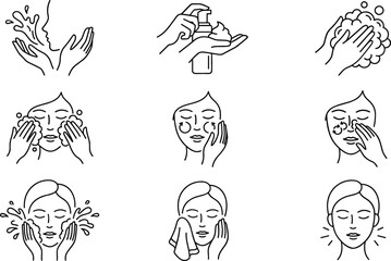Fototapeta premium Face Washing Routine Line Art Icon Set with Skincare Steps Foam Cleanser and Towel for Beauty Graphic Designs